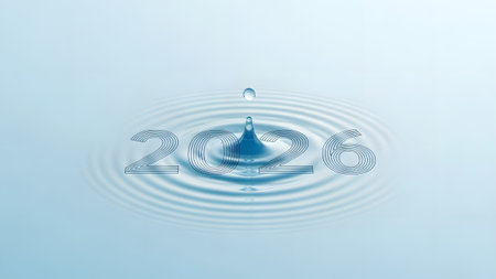 A water drop creating distinct concentric ripples around the numbers 2026. Clear details and vibr...の写真素材