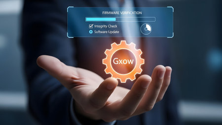 A hand holds a glowing orange gear, a progress bar shows firmware verification.