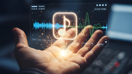 Hand displays a glowing holographic music interface with audio waveform and treble clef iconの写真素材