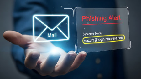 Hand holding digital interface displaying a phishing alert with a deceptive sender email address.の写真素材