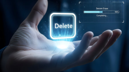A hand holds a delete button as a secure erase progress bar shows completion. Clear details and v...の写真素材