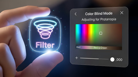 Hand holds glowing filter icon next to color blind mode adjustment screen Clear details and vibra...の写真素材