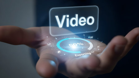 Hand displays video icon and circular exporting progress meter at 50% Clear details and vibrant c...の写真素材