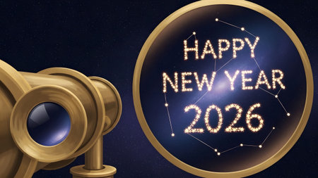 A vintage telescope points towards a constellation spelling Happy New Year 2026. Clear details an...