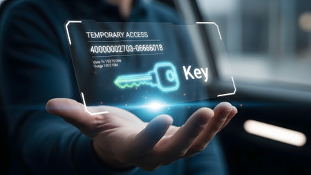 A hand shows a holographic screen with temporary access key, code, and usage details. Clear detai...の写真素材