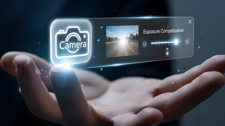 Hand shows holographic camera app with exposure settings and a landscape photo preview. Clear det...の写真素材