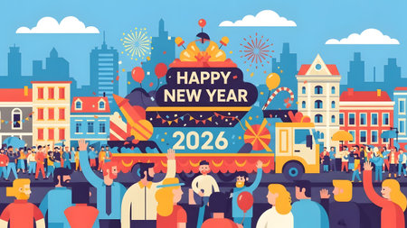 A lively city celebrates New Year 2026 with a parade float, fireworks, and a cheering crowd.