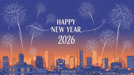 A minimalist graphic of a city skyline with stylized fireworks and Happy New Year 2026 text.