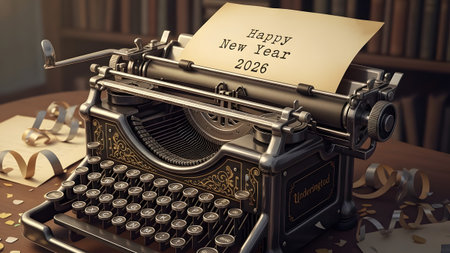 A vintage typewriter with a paper displaying Happy New Year 2026 and festive ribbons. Clear detai...の写真素材