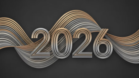 Metallic 2026 numbers with flowing abstract waves of gold, silver, and grey lines. Clear details ...の写真素材