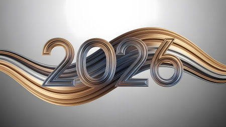 Metallic 2026 numbers flowing on golden and silver ribbons Clear details and vibrant colors enhan...の写真素材