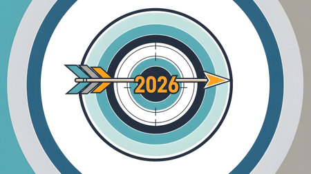 An arrow with 2026 on it hits the center of a target with concentric rings. Clear details and vib...