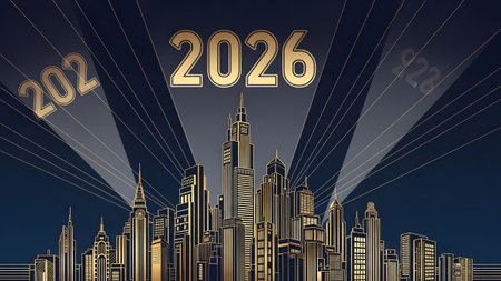 Cityscape showing art deco cityscape with golden rays and the year 2026 : 2026, city,...