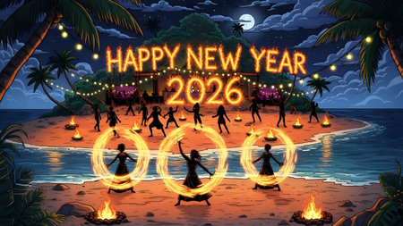 A festive beach scene at night with people celebrating New Year 2026 with fire dancers and bonfires.