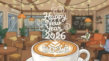 Cozy coffee shop interior with latte art featuring 2026 and Happy New Year. Clear details and v...