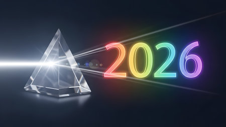 A glass prism disperses light into a colorful rainbow spectrum, forming the year 2026. Clear deta...
