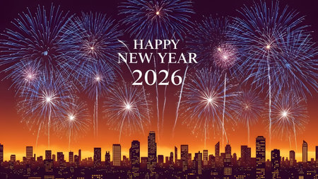 Blue fireworks illuminate the night sky above a dark city skyline for the New Year 2026 celebration.