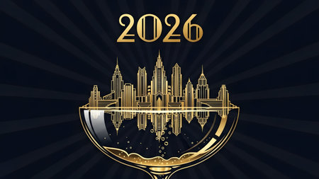 Golden art deco city skyline reflected in a champagne glass with bubbles and the year 2026.