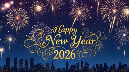 Golden fireworks and ornate text Happy New Year 2026 above a dark city skyline Clear details and ...