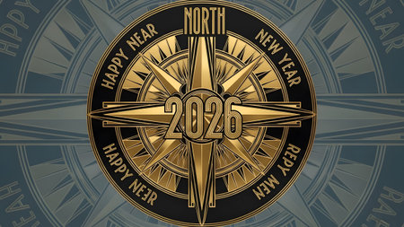 Golden compass rose with 2026 and happy new year text on a faded background Clear details and vib...