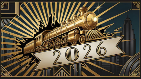 Golden art deco train with 2026 banner and city skyline in background Clear details and vibrant c...