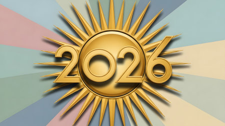 A golden sunburst design with the year 2026 prominently displayed Clear details and vibrant color...