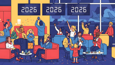 People in an airport lounge celebrate New Year 2026 with party hats and falling confetti.