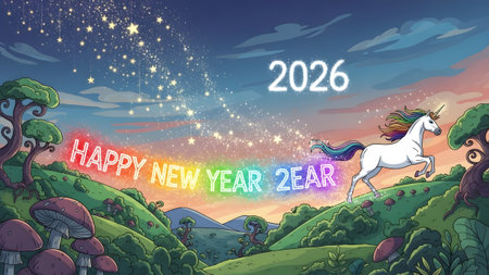 Landscape showing magical unicorn galloping through enchanted landscape with rainbow and stars....
