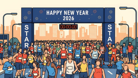 A large crowd of diverse runners gathered at a city start line under a banner reading Happy New...