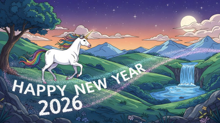 A unicorn runs through a magical landscape with mountains and a waterfall, celebrating the new year.