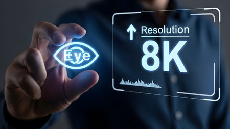 A person's hand holds a holographic display showing an eye icon and 8K resolution. Clear details ...