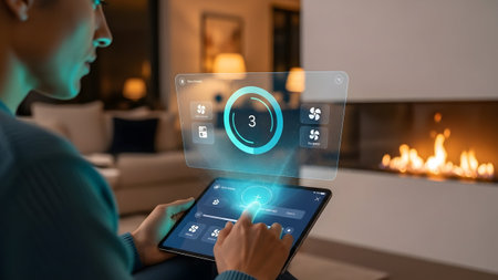 Person adjusts smart fireplace fan speed using tablet with holographic control interface.