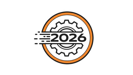 A black and orange industrial gear with the year 2026 and speed lines on a white background.