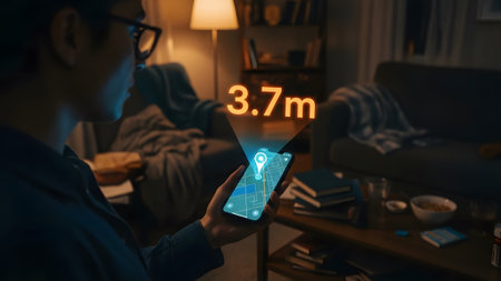 Man uses smartphone map app with augmented reality showing distance to target. Clear details and ...