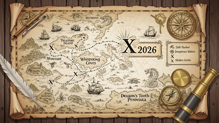 A vintage treasure map with ships, islands, a compass, and the year marked. Clear details an...
