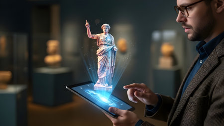 Man uses tablet to view a holographic projection of an ancient statue in a museum. Clear details ...の写真素材
