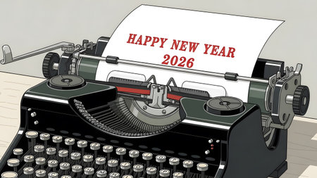 A vintage typewriter prints HAPPY NEW YEAR 2026 on a white paper sheet. Clear details and vibrant...の写真素材