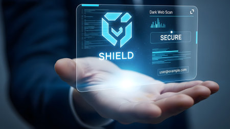 Man in a suit holding a holographic dark web scan security interface with shield icon. Clear deta...の写真素材