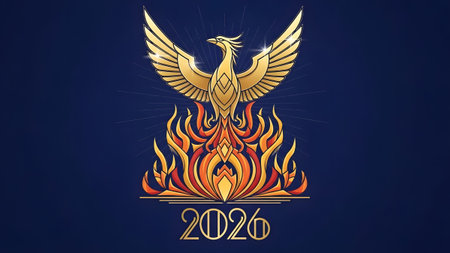 2022 new year card with golden eagle and fire on dark blue background