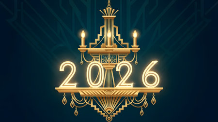 A golden Art Deco chandelier displays the year 2026 with glowing lights against a dark blue...