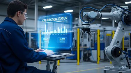 Technician in blue uniform uses laptop with holographic display showing robot calibration data.