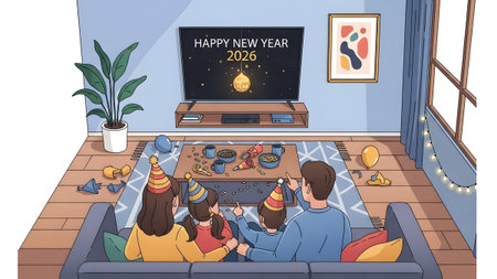 A family wearing party hats watches a New Year 2026 celebration on television in a cozy living room.