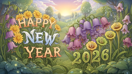 Enchanted floral landscape with Happy New Year 2026 text amidst blooming flowers and sunlight.