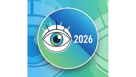 Abstract graphic with an eye symbol and the year 2026 on a blue and green gradient. Clear details...