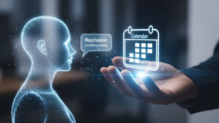 A glowing human hologram and calendar icon hover above an open hand with a reschedule notification.の写真素材