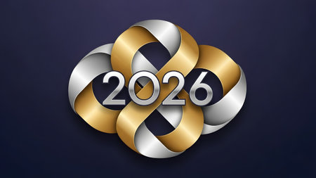 Intertwined showing 2026 infinity symbol in gold and silver ribbons : 2026, infinity,...