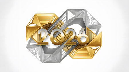Abstract geometric design with gold and silver elements forming the number 2026. Clear details an...