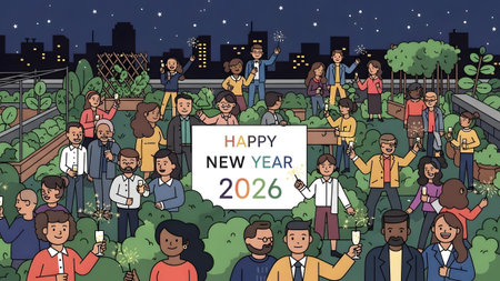 Diverse group of people celebrating Happy New Year 2026 with sparklers on a rooftop. Clear detail...