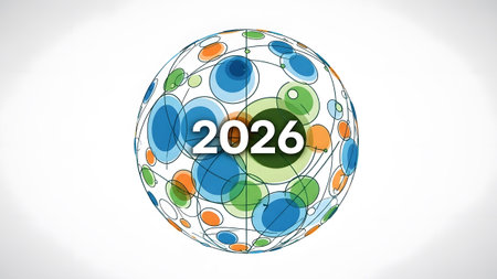Image showing abstract globe with connected circles and year 2026. High resolution image...