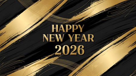 Abstract gold brush strokes on a black background with Happy New Year 2026 text Clear details and...